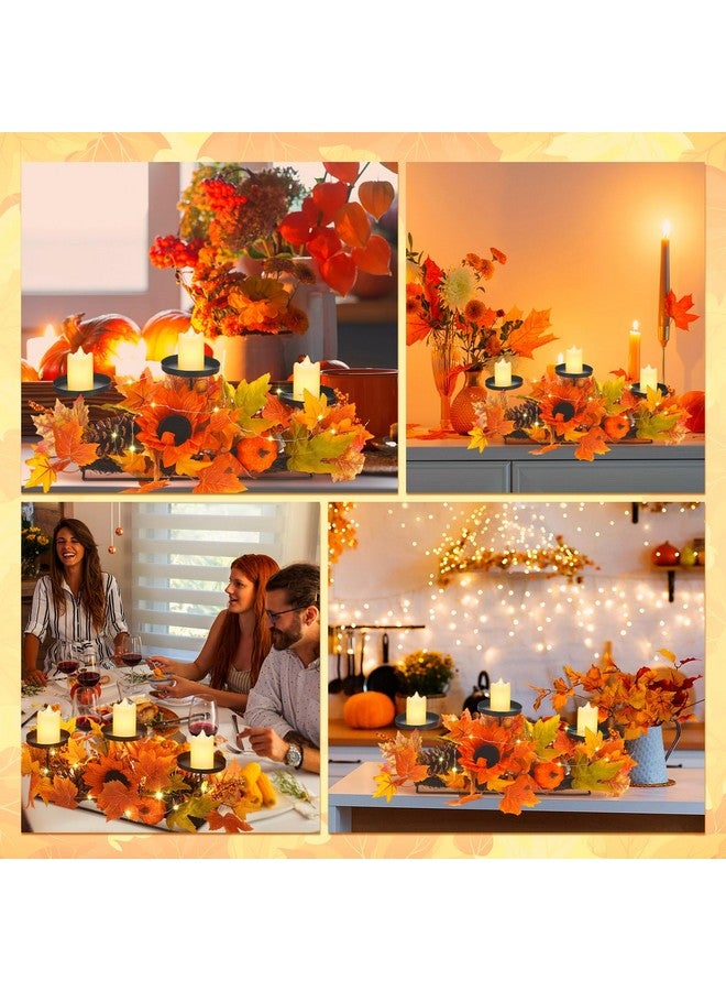 meekoo Fall Harvest Centerpiece Thanksgiving Candle Holders with 3 LED Candles and 1 String Lights, Maple Leaves Sunflower Centerpiece with 3 Candle Holders for Tables Autumn Fall Decorations  - Image 5