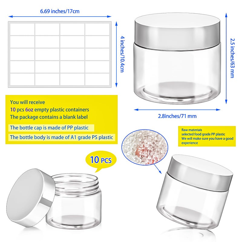 MotBach 10 Pack 6oz Plastic Jars with Lids, 180ml Round Clear Cosmetic Containers Makeup Jars, Travel Size Container Jar for Sample Lotion Cream Eyeshadow Powder Slime Ointment Salve Balm Storage - Image 2