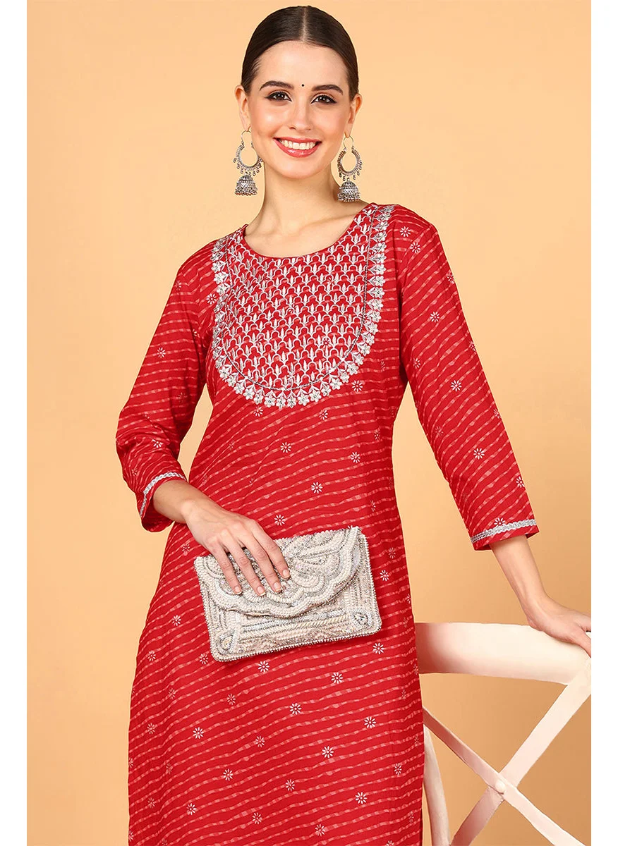 زيري سوق Red Cotton Leheriya Printed Straight Kurta