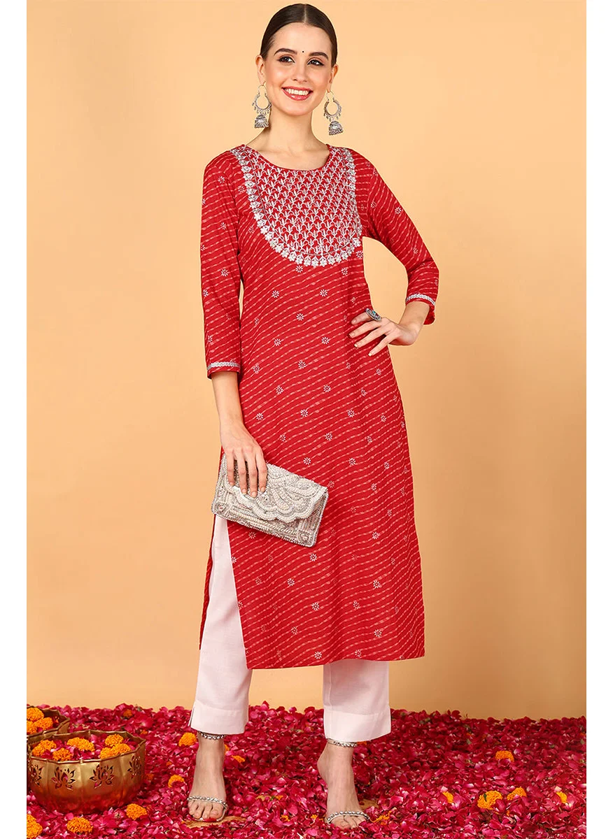 زيري سوق Red Cotton Leheriya Printed Straight Kurta