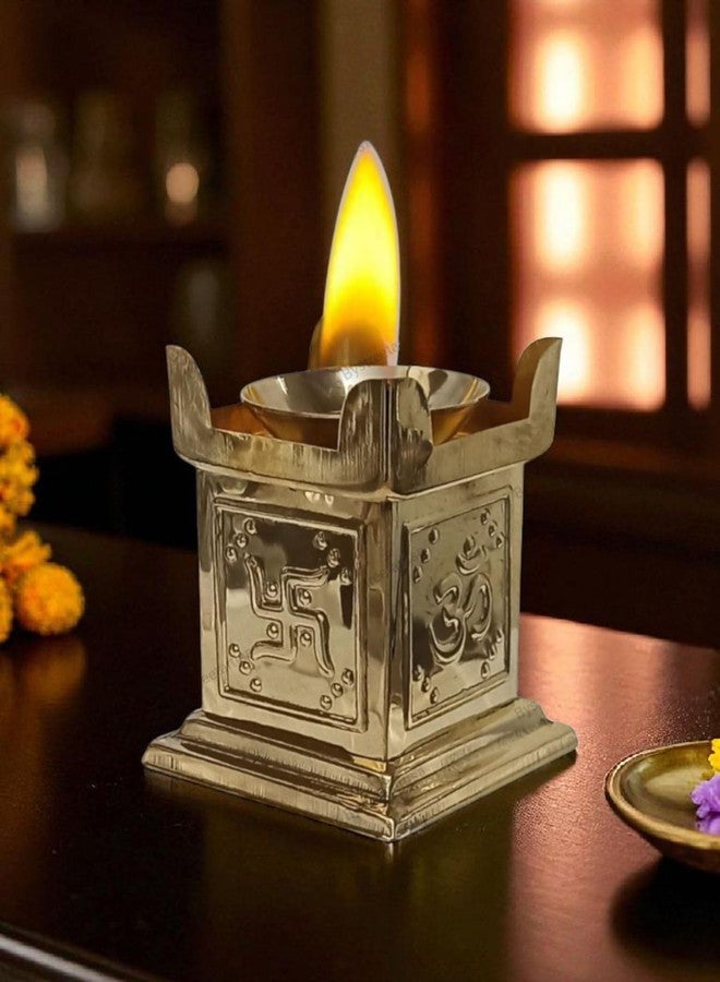 ATRANGEE Bystreet artisans Brass Tulsi Diya for Pooja with Engraved Om swastik Symbols Tulsi Diya Oil Lamp, Traditional Design, Deepak for Home Decor 6.5x6.5x8.5 cm, 85g - Image 1
