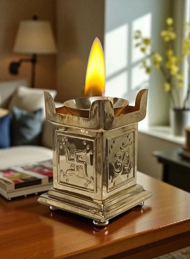 ATRANGEE Bystreet artisans Brass Tulsi Diya for Pooja with Engraved Om swastik Symbols Tulsi Diya Oil Lamp, Traditional Design, Deepak for Home Decor 6.5x6.5x8.5 cm, 85g - Image 4