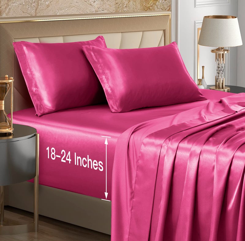 VACVELT 4pcs Extra Deep Pocket Satin Sheets Queen Size Bed Set Hot Pink Satin Sheet Set Fit 1824 Inch Deep Pocket Mattress Silky  Luxury Satin Bedding Set Soft  Ultra Deep Fitted Sheet Set