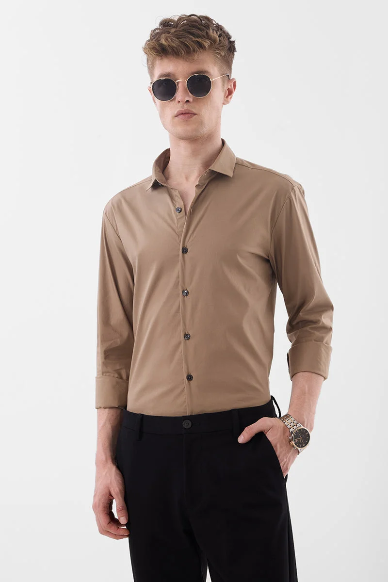 SNITCH Brown Solid Long Sleeve Slim Fit Luxe Shirt