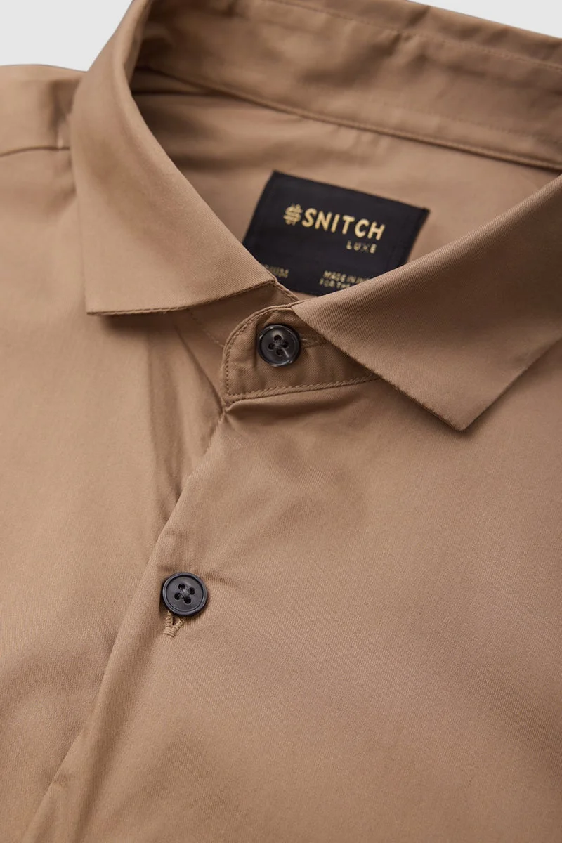 سنيتش Brown Solid Long Sleeve Slim Fit Luxe Shirt