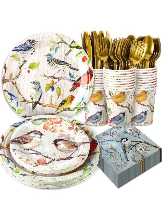 Yoande 194 Pcs Fox Duck Bird Theme Birthday Party Supplies Woodland Animal Face Paper Dessert Plates Knives Forks Spoons Cups Napkins for Kids Girl Boy Baby Shower Tableware Set Serves 24 (Bird) - Image 1