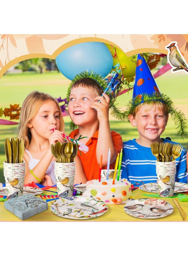 Yoande 194 Pcs Fox Duck Bird Theme Birthday Party Supplies Woodland Animal Face Paper Dessert Plates Knives Forks Spoons Cups Napkins for Kids Girl Boy Baby Shower Tableware Set Serves 24 (Bird) - Image 4