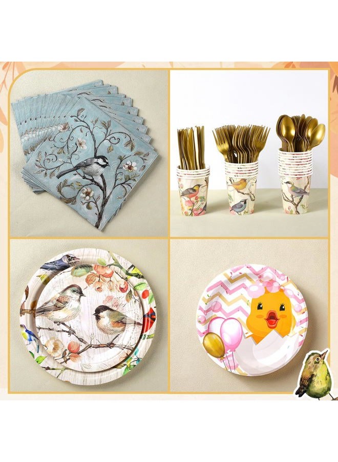 Yoande 194 Pcs Fox Duck Bird Theme Birthday Party Supplies Woodland Animal Face Paper Dessert Plates Knives Forks Spoons Cups Napkins for Kids Girl Boy Baby Shower Tableware Set Serves 24 (Bird) - Image 3