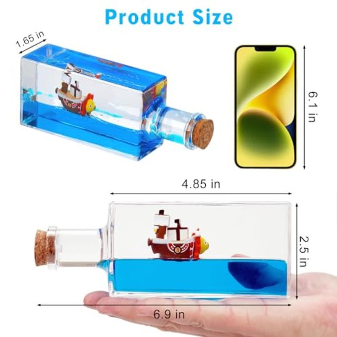 YimiBloss Unsinkable Thousand Sunny Anime Pirate Ship in A Bottle Floating Boat Liquid Motion Ocean Desk Decor, Unique Birthday Gifts for Men Women Anime Lovers, Desk Ornament for Home Office Decorations - Image 3