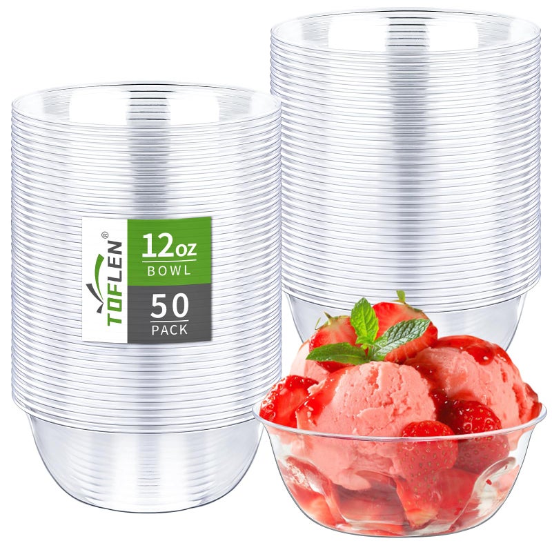 TOFLEN 12 oz Clear Plastic Bowls, 50 Pack Disposable Small Hard Plastic Serving Bowls for Party, Ice Cream, Dessert, Fruit, Appetizer, Soup, Snack, Home or Event Party Supplies - Image 1