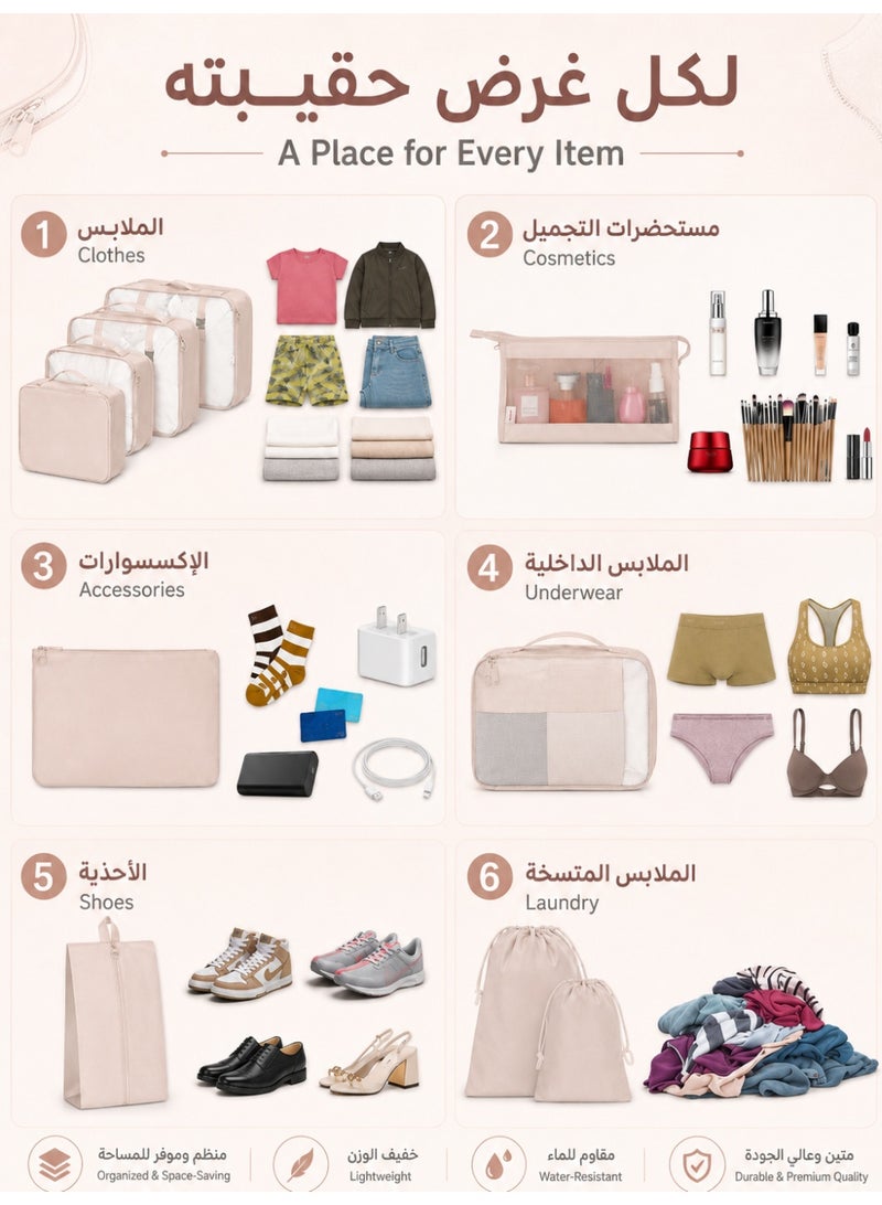 آه آه مجموعة من 7 مكعبات تعبئة مضغوطة لمستلزمات السفر، مكعبات تعبئة قابلة للضغط والتمدد لحقائب السفر، حقائب تنظيم الأمتعة للسفر، أداة عملية لتنظيم الملابس (بيج) - Image 5
