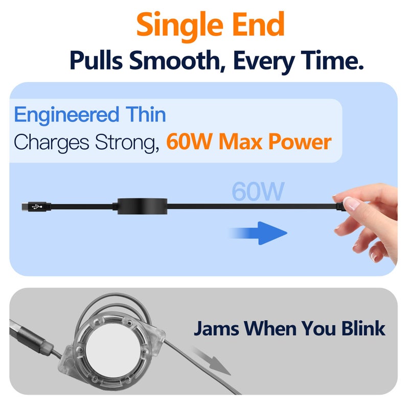 AGVEE 0.3ft Fixed / 2.3ft Extend USB-C to C Charger Cable Mountable One Way Retractable 60W Fast Charging Cord, Pocket-Sized for iPhone 16 15, Samsung, Android, Desk Organizer, Black - Image 5