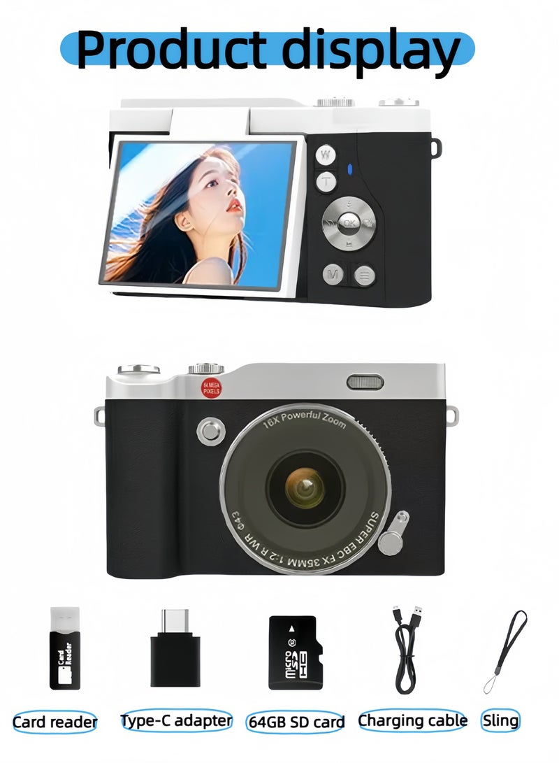 LAYRA 4k CCD Digital Zoom Student Digital Camera 64MP Portable Digital Photography Camera 180° Flip Screen Selfie Camera，with 64GB SD card  - Image 2