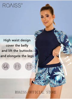 roaiss Women One Piece Swimsuit with Boxer Shorts Fashionable Print Design One Piece Beach Suit Women Long Sleeved Sun Protection Surfing Wetsuit  - Image 3