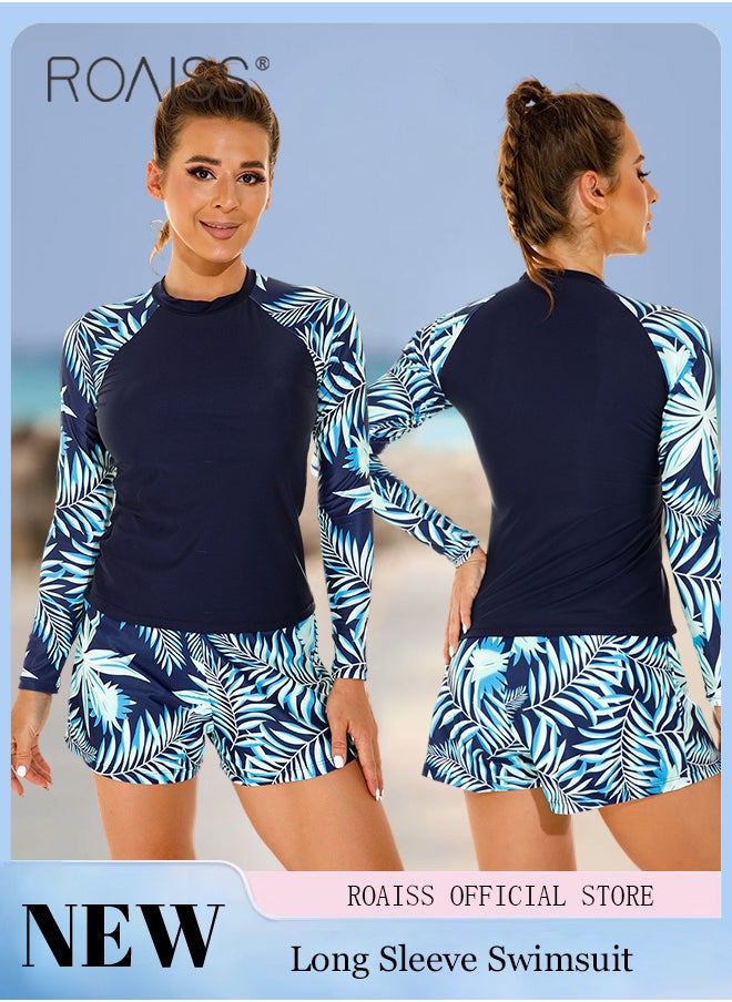 roaiss Women One Piece Swimsuit with Boxer Shorts Fashionable Print Design One Piece Beach Suit Women Long Sleeved Sun Protection Surfing Wetsuit  - Image 1