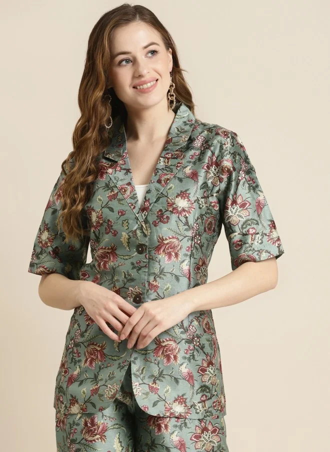SASSAFRAS Olive Green Floral Printed Blazer for Women