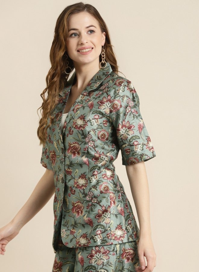 SASSAFRAS Olive Green Floral Printed Blazer for Women - Image 3
