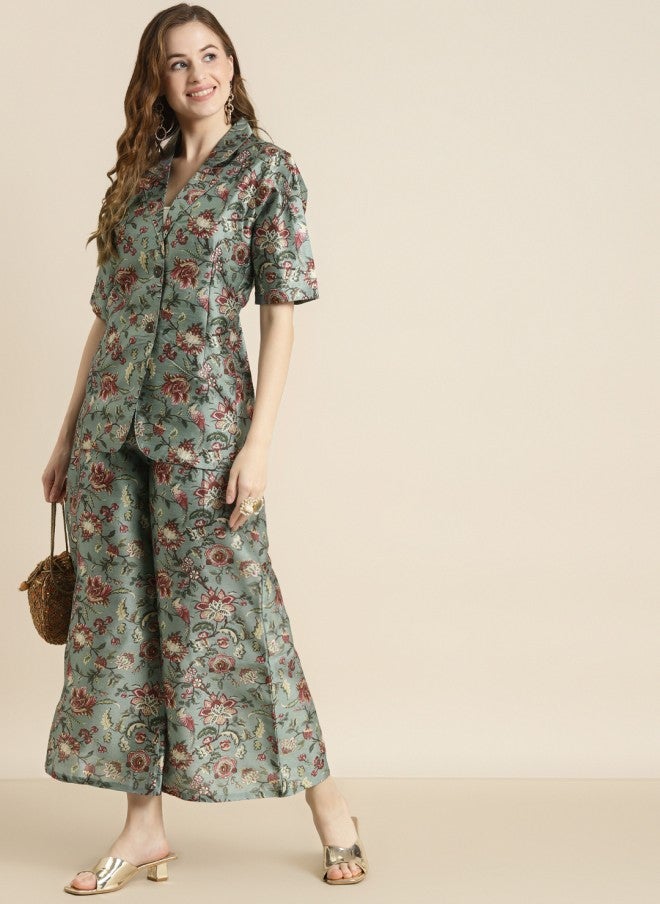 SASSAFRAS Olive Green Floral Printed Blazer for Women - Image 5