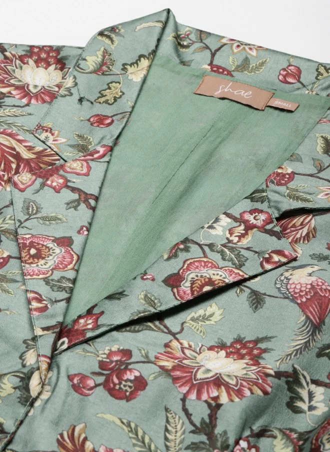 SASSAFRAS Olive Green Floral Printed Blazer for Women