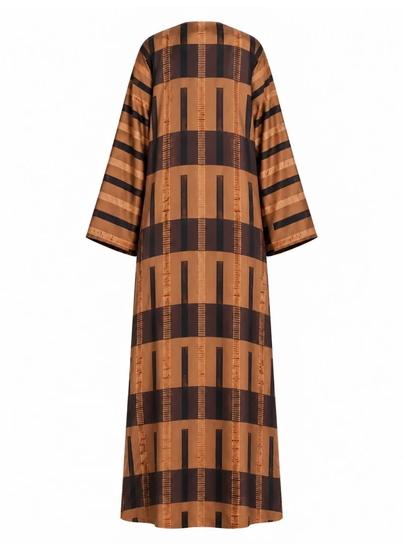 Amnad International  Brown & Camel Geometric Print Silk Abaya Set – Matching Chiffon Hijab, Wide Sleeves, 52–60 Inches for Women | Best Price UAE