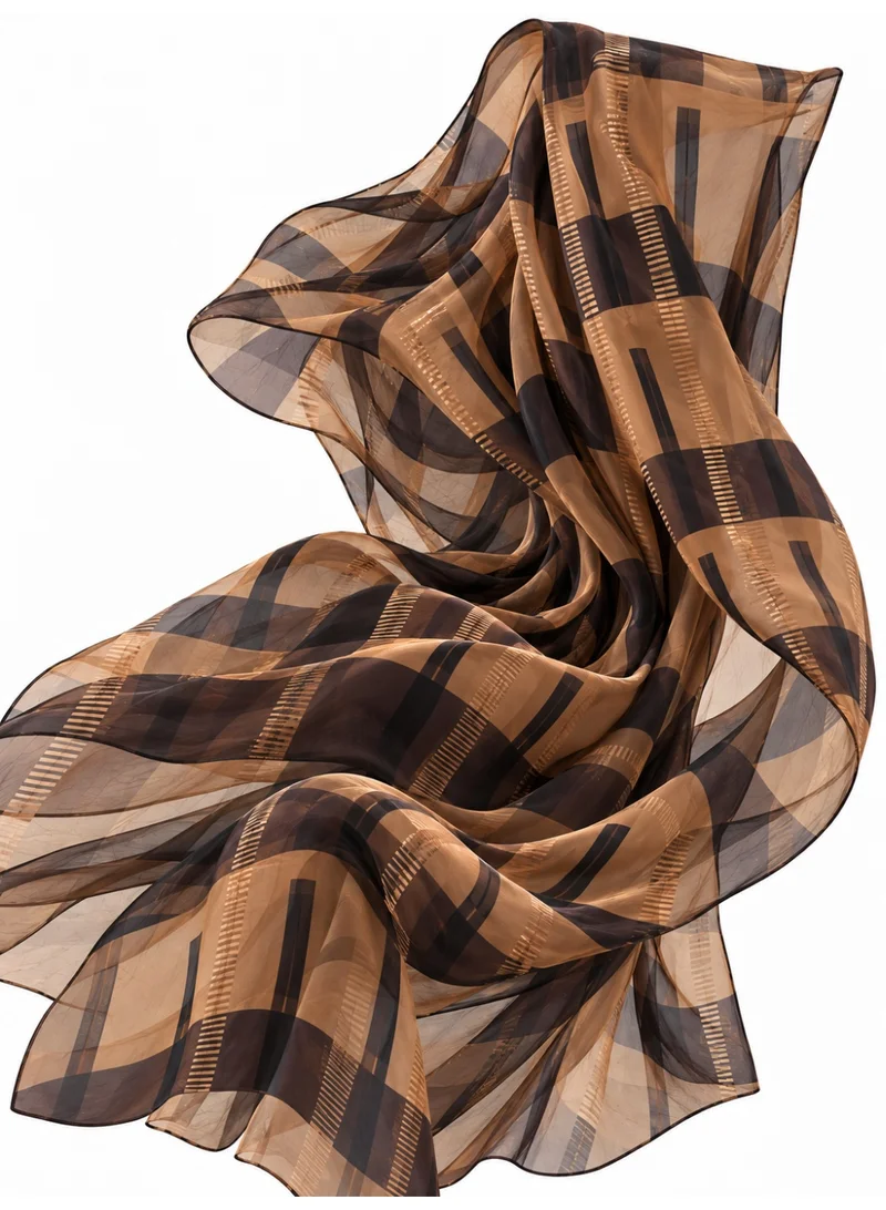 Amnad International  Brown & Camel Geometric Print Silk Abaya Set – Matching Chiffon Hijab, Wide Sleeves, 52–60 Inches for Women | Best Price UAE