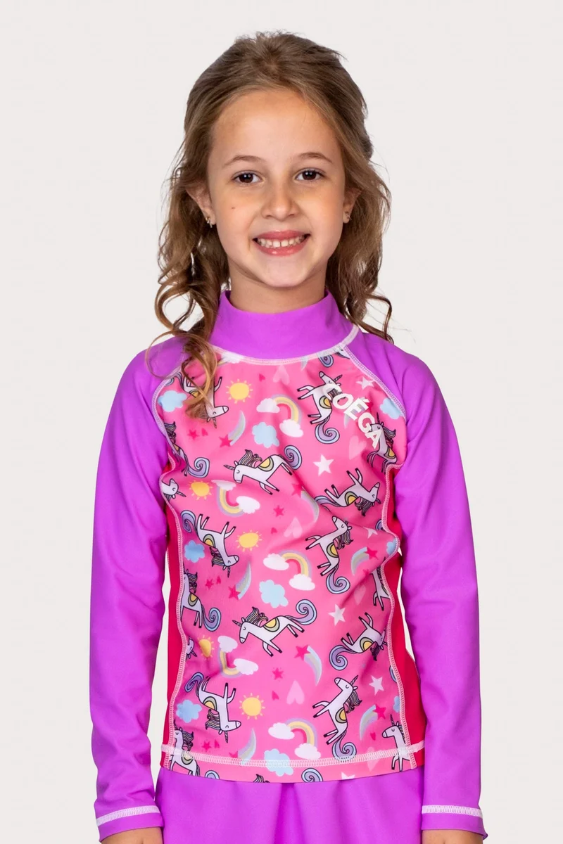 COEGA Rashguard Long Sleeve Girls Sz4 - Purple Rainbow Unicorns