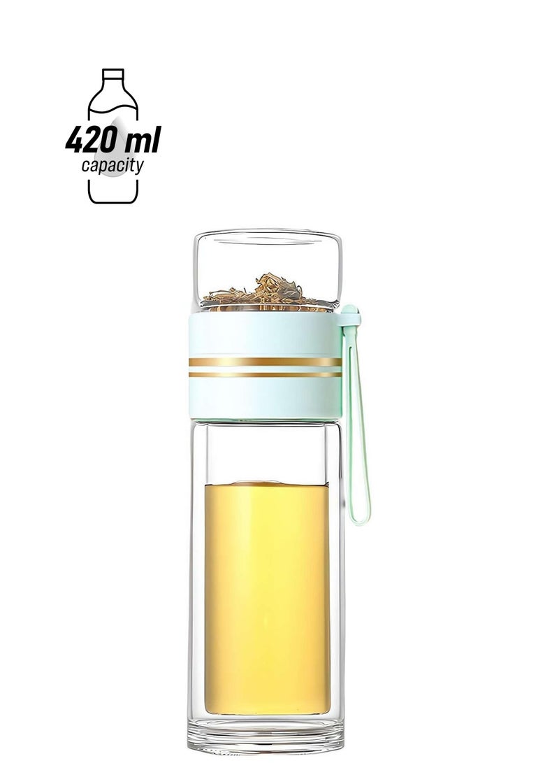 XiuWoo Tea Infuser Bottle, Clear Double Wall Glass Water Bottle, Portable Travel Water Separation Tea Bottle Mug Cup with Tea Infuser for Women Men, 420ml, green  - Image 1