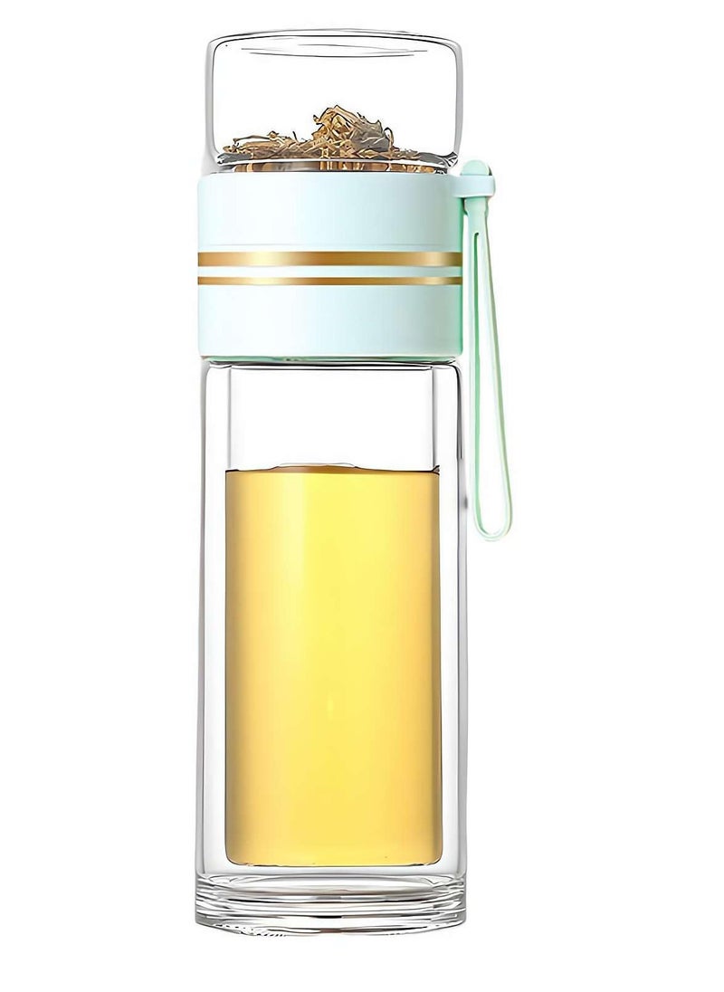 XiuWoo - Tea Infuser Bottle, Clear Double Wall Glass Water Bottle, Portable Travel Water Separation Tea Bottle Mug Cup with Tea Infuser for Women Men, 420ml, green - Image 1