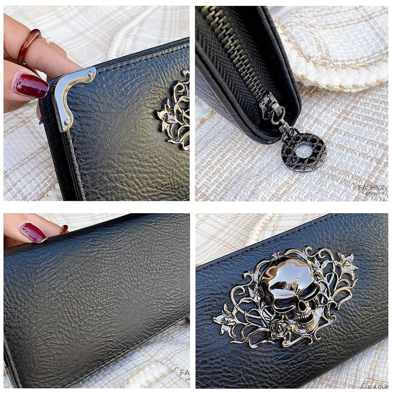 HOYOFO HOYOFO Skull Wallets for Women Zip Around Clutch with Credit Card Holder Phone Case Leather Long Goth Wallet Purse with Wristlet, Black  - Image 3