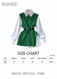 roaiss 2 Piece Waist Design Knitted Vest and Long Sleeved White Shirt Top with Belt Lapel Shirt Design Comfortable and Skin Friendly Fabric Solid Color Women Casual Top Suit for Daily Commuting Wear  - Image 2