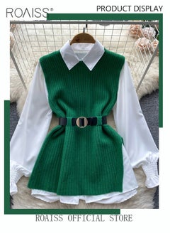 roaiss 2 Piece Waist Design Knitted Vest and Long Sleeved White Shirt Top with Belt Lapel Shirt Design Comfortable and Skin Friendly Fabric Solid Color Women Casual Top Suit for Daily Commuting Wear  - Image 1