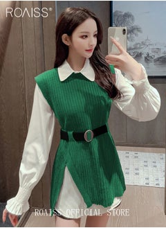 roaiss 2 Piece Waist Design Knitted Vest and Long Sleeved White Shirt Top with Belt Lapel Shirt Design Comfortable and Skin Friendly Fabric Solid Color Women Casual Top Suit for Daily Commuting Wear  - Image 5
