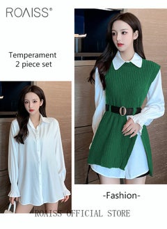 roaiss 2 Piece Waist Design Knitted Vest and Long Sleeved White Shirt Top with Belt Lapel Shirt Design Comfortable and Skin Friendly Fabric Solid Color Women Casual Top Suit for Daily Commuting Wear  - Image 3