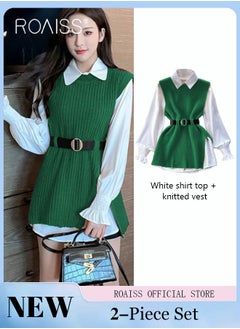 roaiss 2 Piece Waist Design Knitted Vest and Long Sleeved White Shirt Top with Belt Lapel Shirt Design Comfortable and Skin Friendly Fabric Solid Color Women Casual Top Suit for Daily Commuting Wear  - Image 4