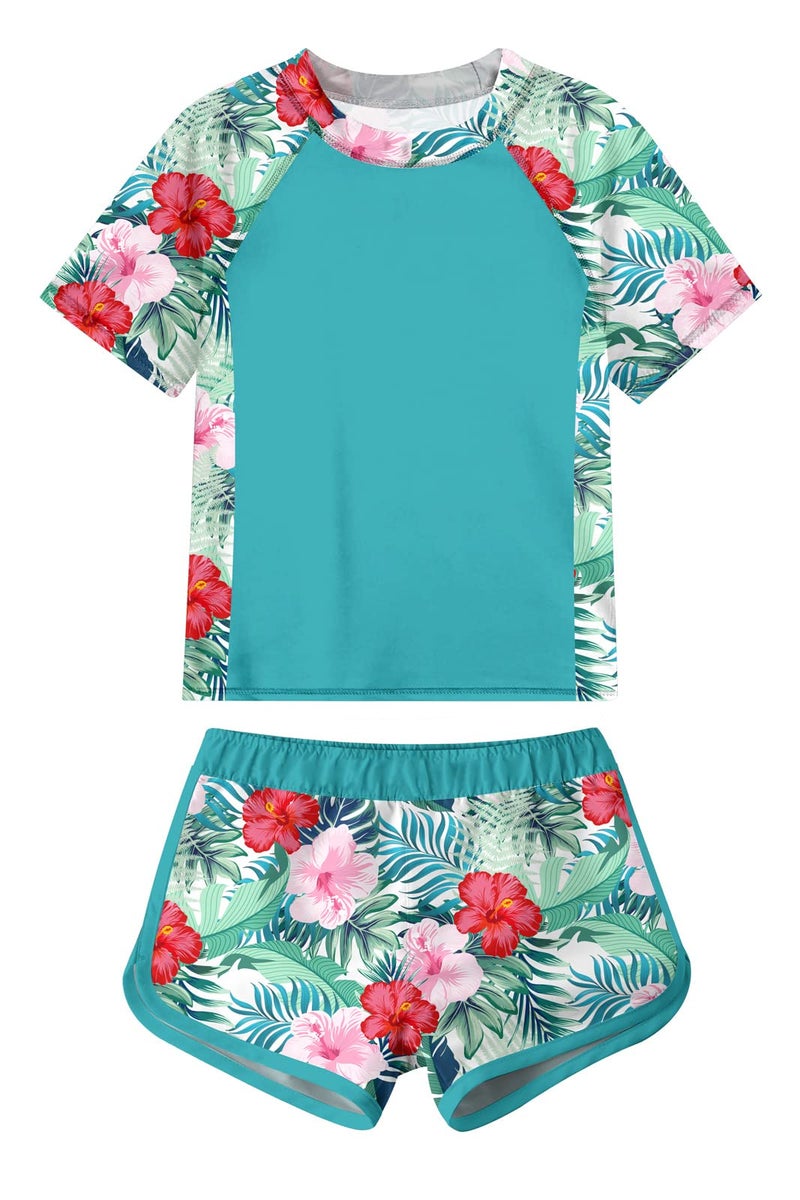 ADUKIDE Girls Two Piece Short Sleeve Swimsuit Hawaiian Tropical Flower Print Swimwear 11t 12t Kids Summer Beach Bathing Suit with Boyshorts - Image 1
