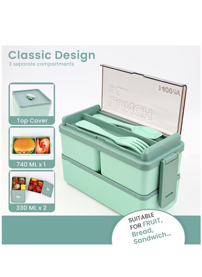 KASTWAVE - Lunch Box, Double Stackable Bento Box 1400 ML Container Meal Prep Containe With Cutlery, 2 Tier and 3 Compartment Design Food Containers for Lunch Snacks,Lunch Box for Adults and kids - Image 1