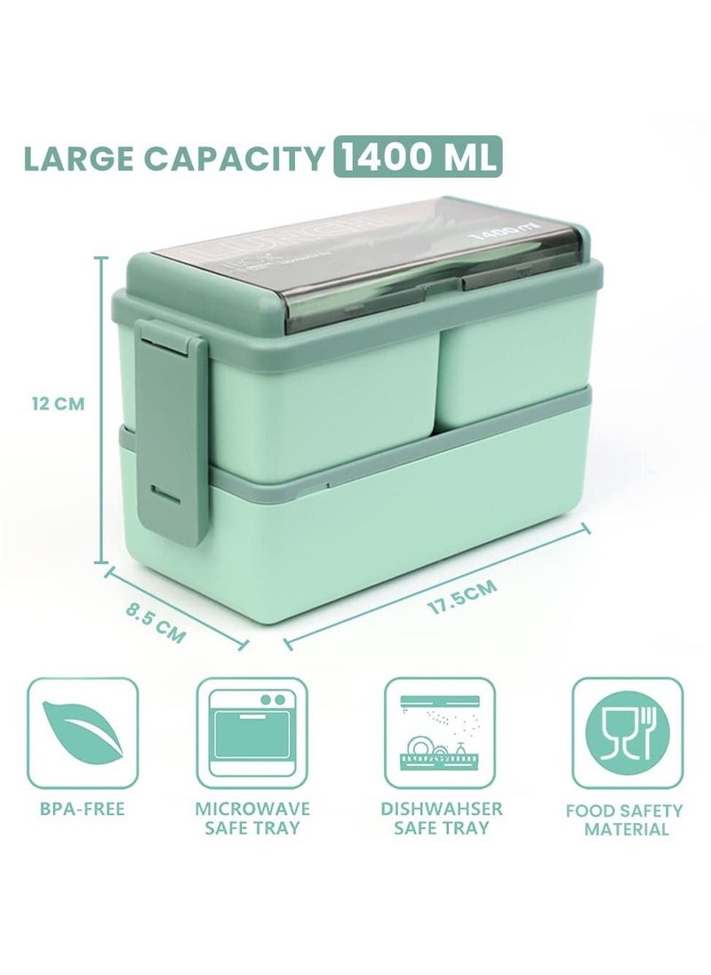 KASTWAVE - Lunch Box, Double Stackable Bento Box 1400 ML Container Meal Prep Containe With Cutlery, 2 Tier and 3 Compartment Design Food Containers for Lunch Snacks,Lunch Box for Adults and kids - Image 1