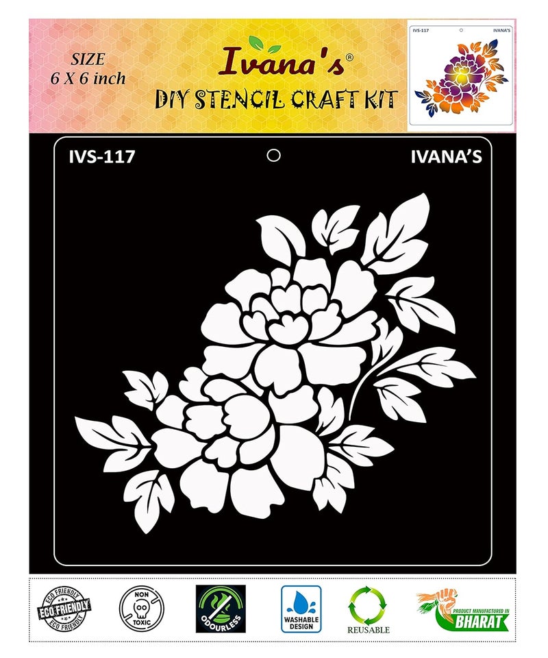 ivana's Ivana's Floral Pattern Stencil for Art & Craft, DIY Decorative Stencil for Painting on Canvas, Fabric, Cloth, Paper, Glass, Furniture and Wall, Size - 6 x 6 inch, Pack of 1, IVS-117  - Image 1