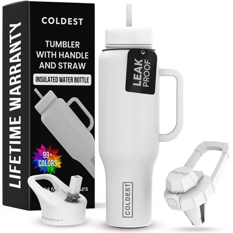 أكواب Coldest سعة 40 أونصة مع مقبض وقشة 100% مقاومة للتسرب مع غطاء وقشة 3 أغطية أكواب من الفولاذ المقاوم للصدأ للنساء والرجال قاعدة صديقة لحامل الأكواب سعة 46 أونصة أبيض ملحمي