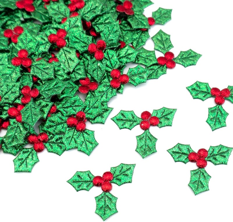 Quacc 100pcs Mini Triple Leaf Holly Berries, Christmas Simulation Holly Berries Artificial Holly Leaves for Christmas Wreath Card Gift Tags Table Decorations (3.5CM) - Image 1
