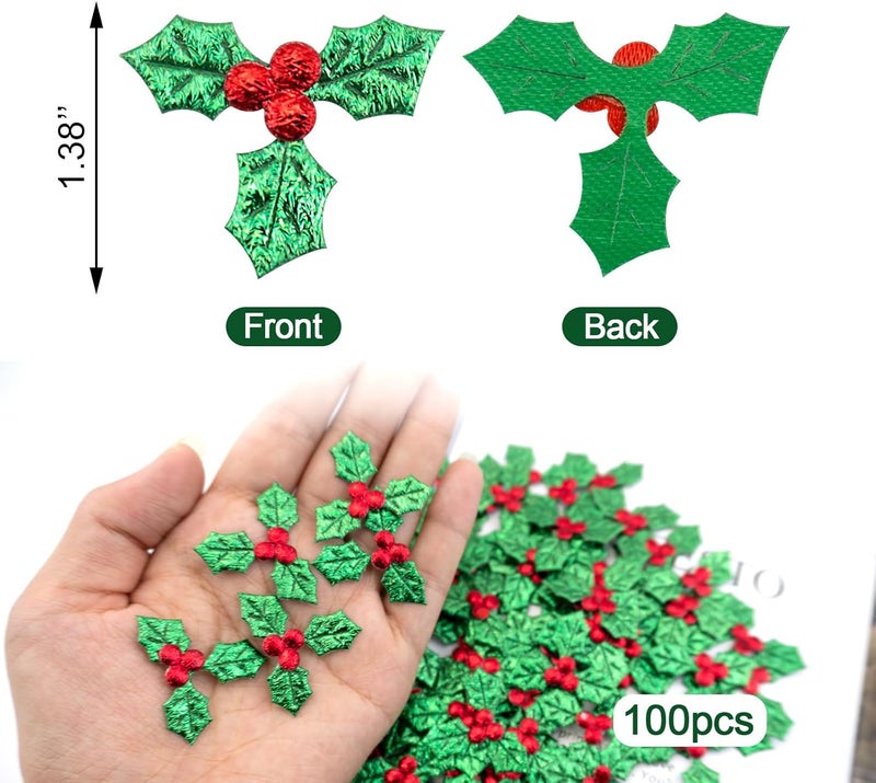 Quacc 100pcs Mini Triple Leaf Holly Berries, Christmas Simulation Holly Berries Artificial Holly Leaves for Christmas Wreath Card Gift Tags Table Decorations (3.5CM) - Image 3
