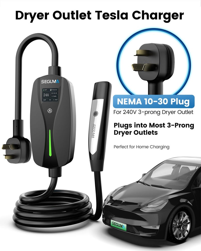 SEGUMA NEMA 10-30 Level 2 Tesla Charger-24A 240V, 25FT Extension Cable, Adjustable Current(10-24A)-Portable Home Mobile EV Charger for Model Y/X/3/S/Cybertruck,NACS Connector for 3-Prong Dryer Outlet - Image 2