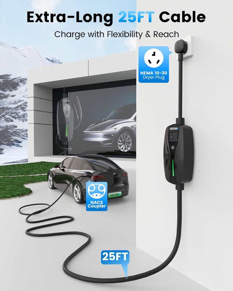 SEGUMA NEMA 10-30 Level 2 Tesla Charger-24A 240V, 25FT Extension Cable, Adjustable Current(10-24A)-Portable Home Mobile EV Charger for Model Y/X/3/S/Cybertruck,NACS Connector for 3-Prong Dryer Outlet - Image 3
