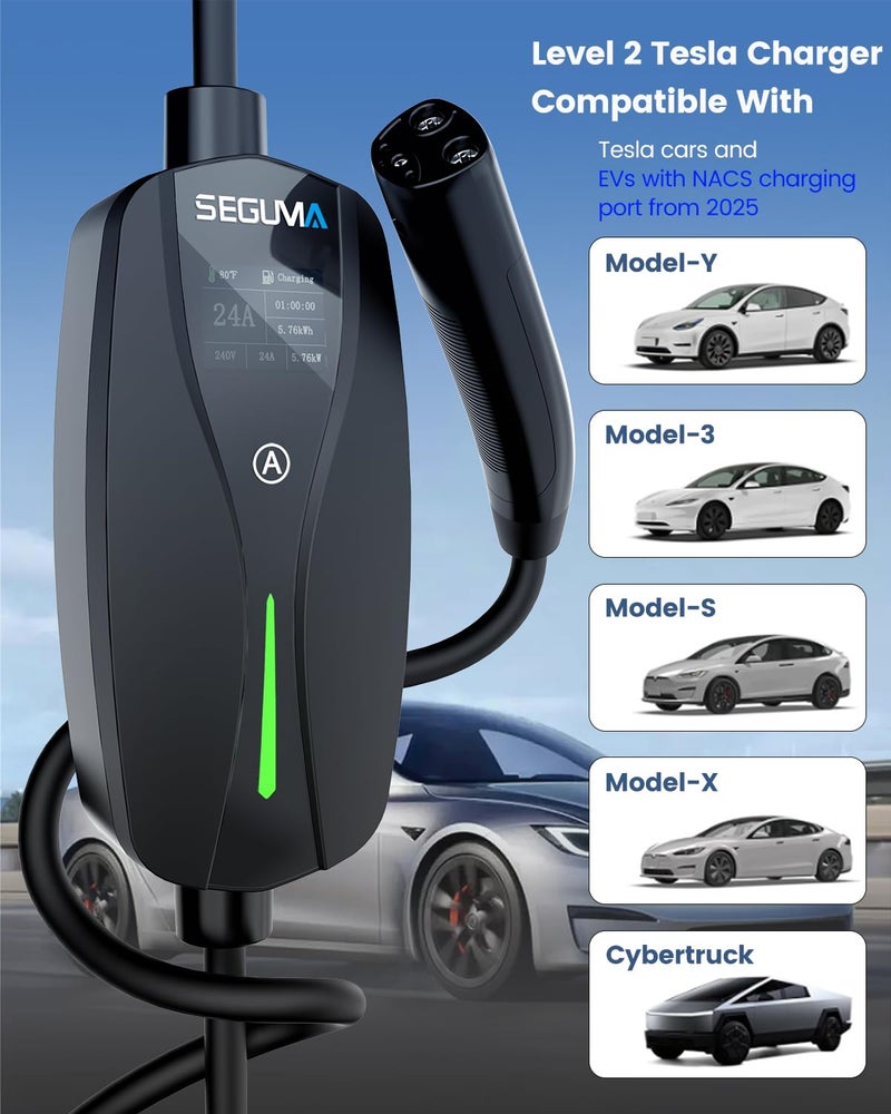 SEGUMA NEMA 10-30 Level 2 Tesla Charger-24A 240V, 25FT Extension Cable, Adjustable Current(10-24A)-Portable Home Mobile EV Charger for Model Y/X/3/S/Cybertruck,NACS Connector for 3-Prong Dryer Outlet - Image 4