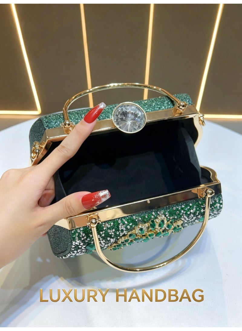 حقيبة يد فاخرة نسائية للسهرات مع أحجار الراين ومقبض، أخضر زمردي - Image 4