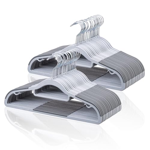 Tonswachic Pack of 50 Coat Hangers SpaceSaving Plastic Clothes Hangers NonSlip 02 Inches Slim 360 Swivel Silver Hook for Shirts Pants  WetDry Garments Light and Dark Gray