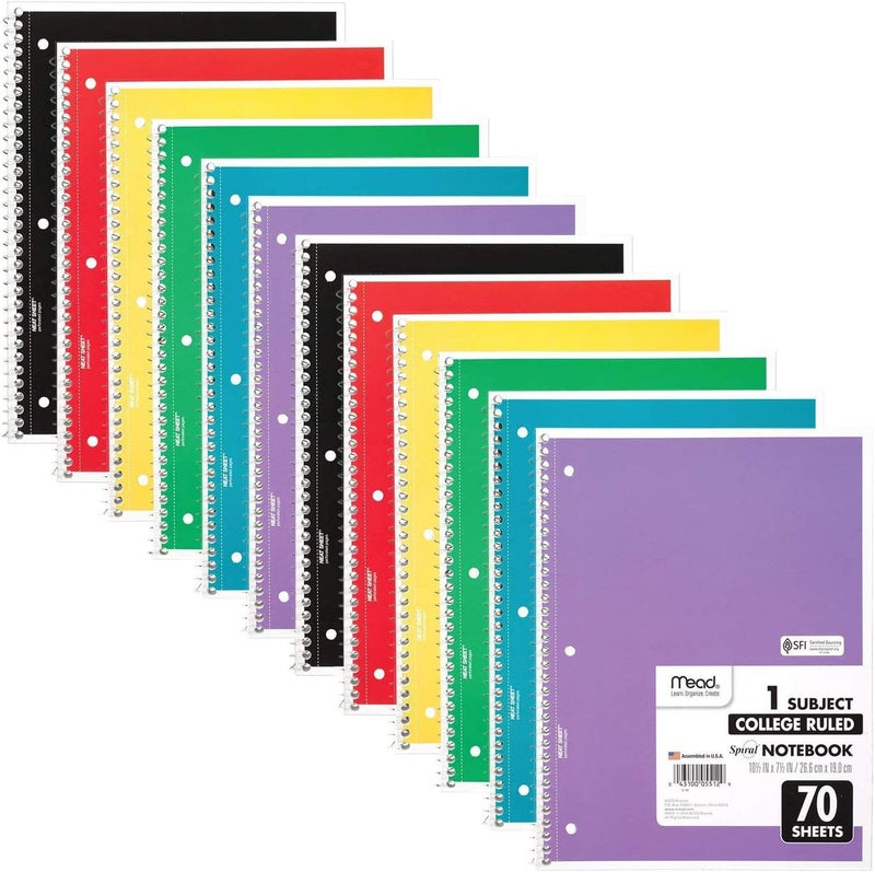 Mead Spiral Notebook, 12 Pack, 1 Subject, College Ruled Paper, 7-1/2" x 10-1/2", 70 Sheets per Notebook, Colors Will Vary (830063-ECM25) - Image 1
