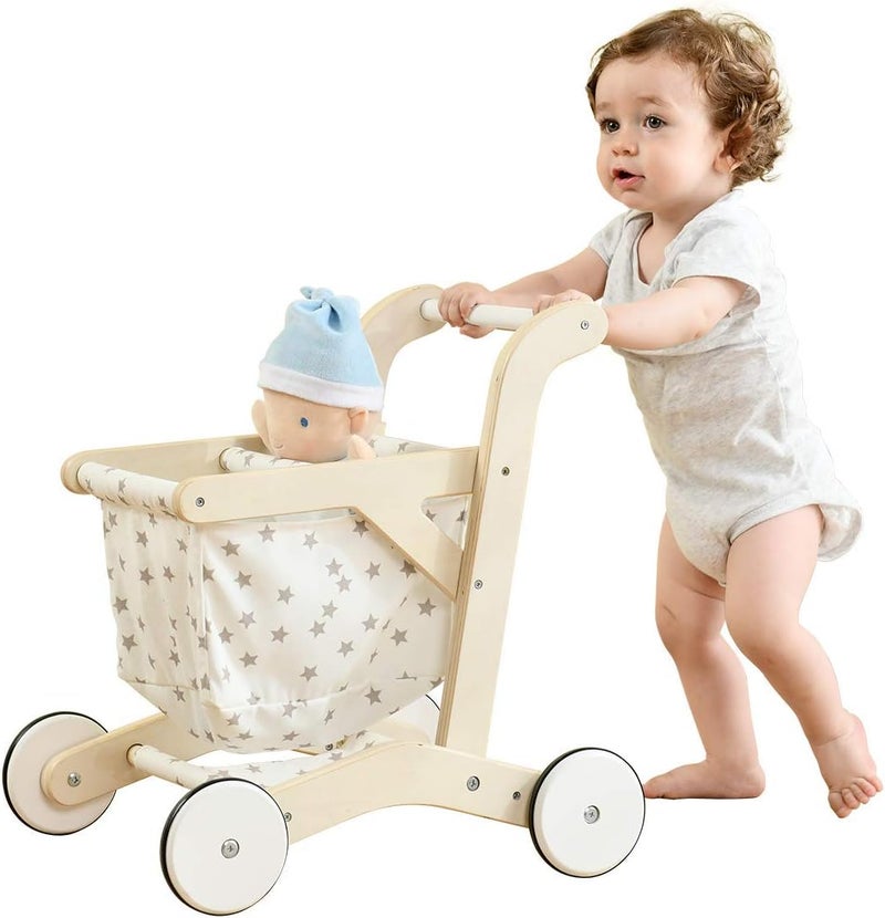 labebe Baby Push Walker Doll Stroller, Push Toy for Toddler, Shopping Cart for Girls and Boys 1 Years Old, Kids Stand Learning Walker, Wooden Play Wagon with Wheel, Larger Size 15.2 * 18.7 * 19.7 - Image 1