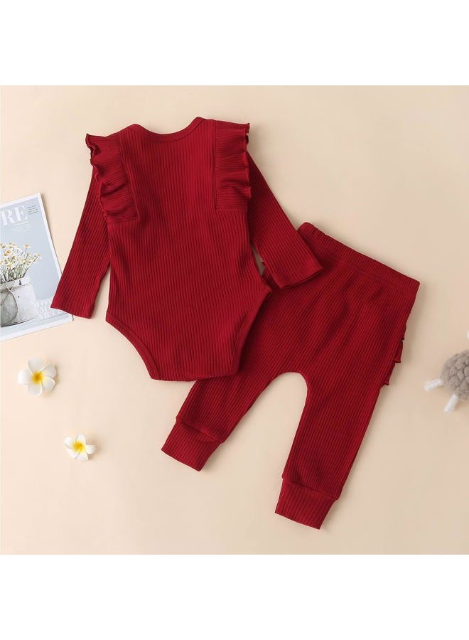 Fullfamous Baby Girl's 3pc Rib Frill Long Sleeve Romper and Pant Set, Wine, New Born - Image 4