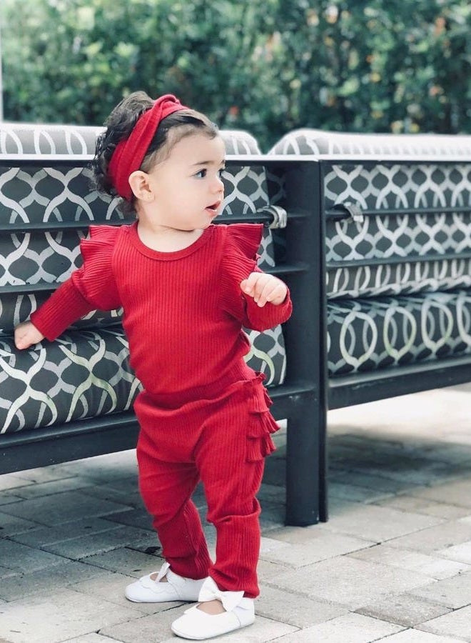 Fullfamous Baby Girl's 3pc Rib Frill Long Sleeve Romper and Pant Set, Wine, New Born - Image 3